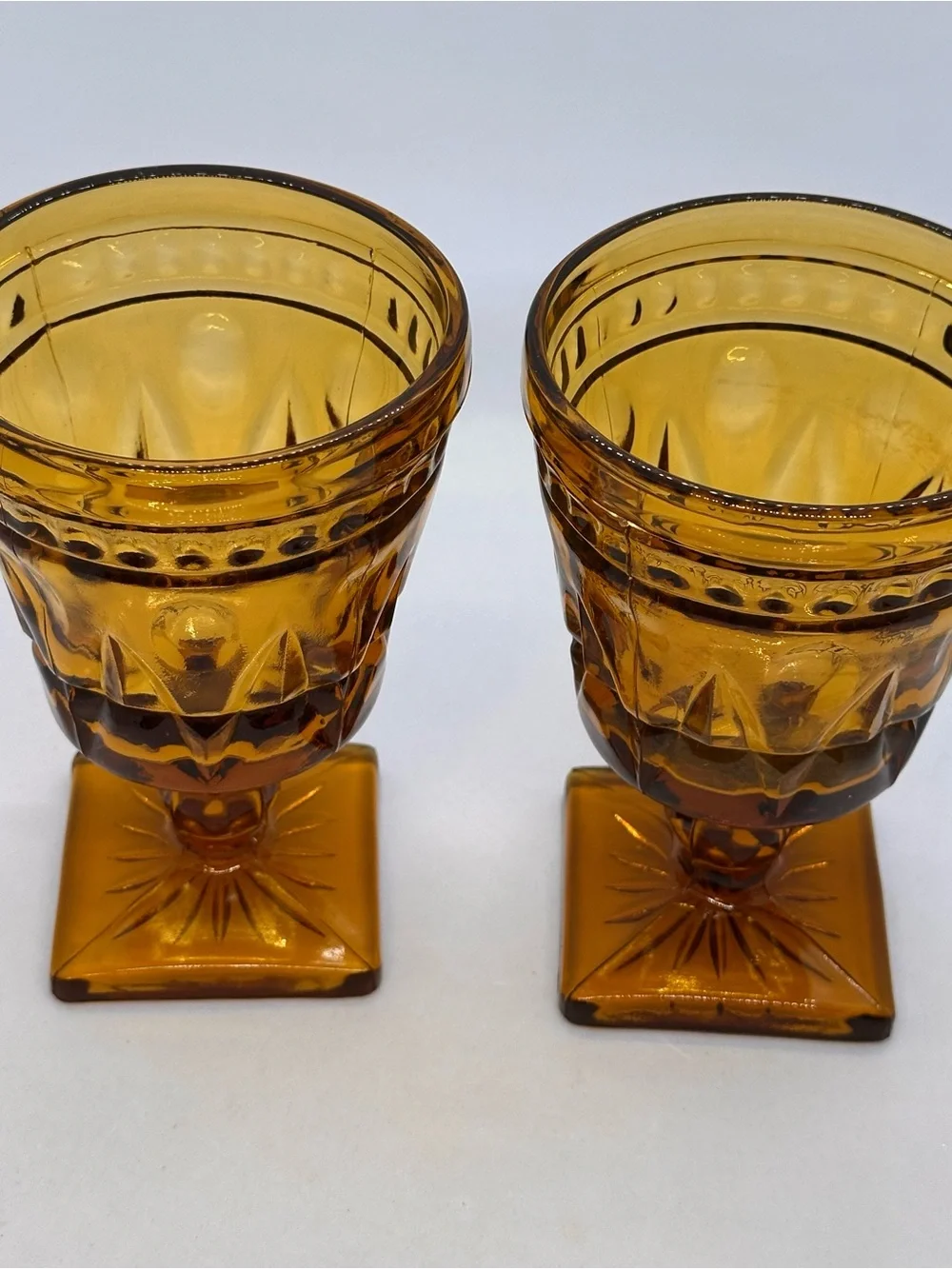 Set Of 2 Indiana Glass Park Lane Colony Amber Footed Water Goblets Vintage 5.5